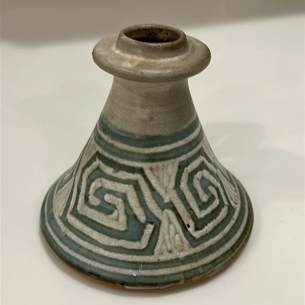Handmade Geometric Design Pottery Candleholder Signed 4”
